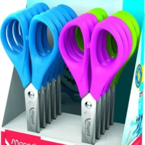 Tijeras escolares ergonómicas para zurdos con cuchillas invertidas de punta redondeada y graduadas en centímetros, para los más pequeños de la casa. Unas auténticas tijeras para zurdos.